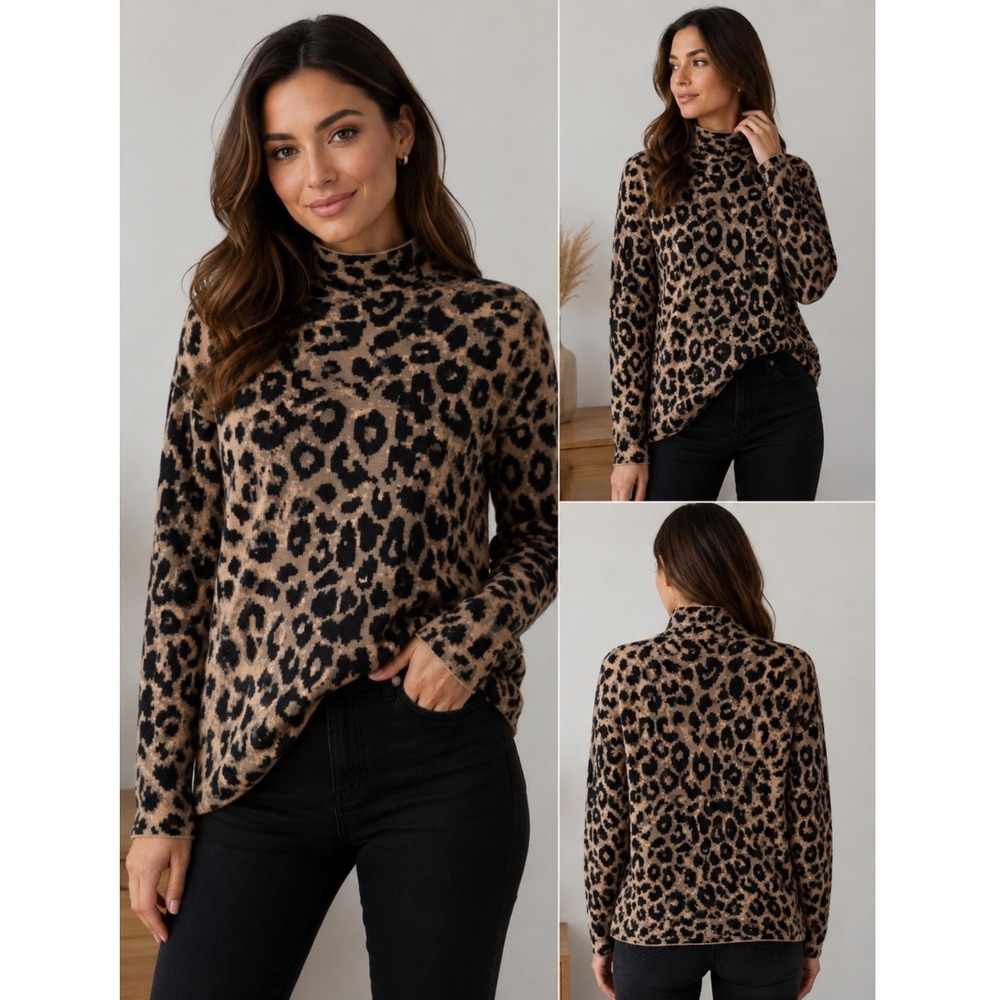 Nicole Miller‎ New York Leopard Print Mock Neck Sweater Tan Black Womens Small